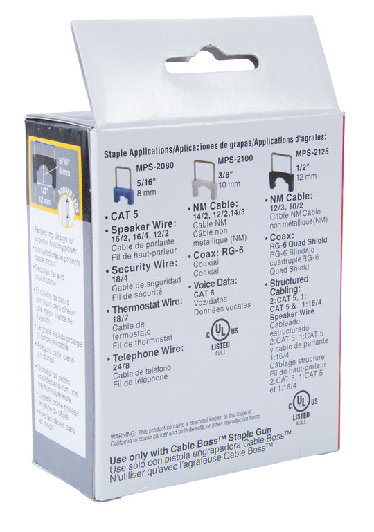 Gardner Bender 1/2 in (13 mm), Metal Insulated Staples Designed for use in Cable Boss Staple Gun, Black, (200-Pack), MPS-2125