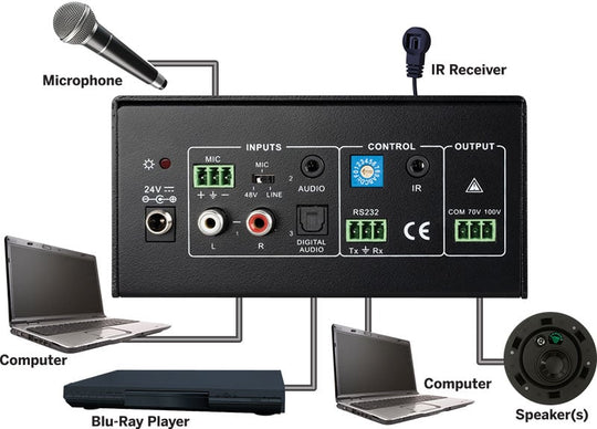 PulseAudio Single Channel 100w 70/100 Volt Amplifier w/Mic Input