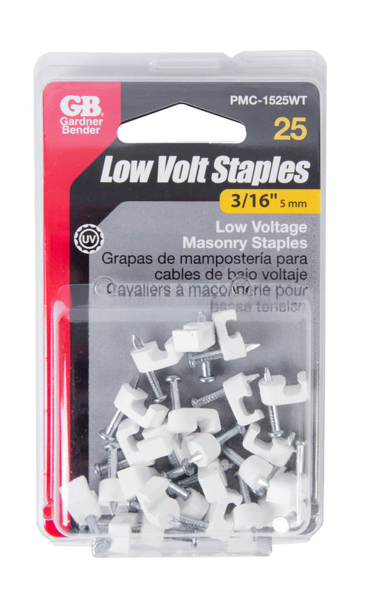 Gardner Bender 3/16 in (5 mm), Polyethylene Staple, Secures Low Voltage/Bell/Speaker Wire, Hardened Nail for Masonry App, White, (25-Pack), PMC-1525WT