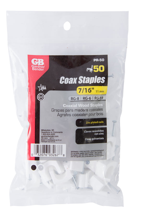 Gardner Bender 7/16 in. (11mm) Polyethylene Coaxial Cable Staple, Secures RG-8,RG-6, RG-59, White (50-Bag), PR-50