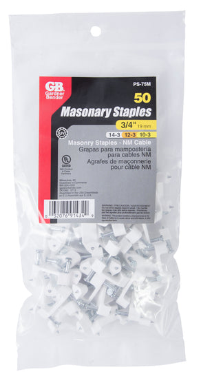 Gardner Bender 3/4 in. (19 mm) Polyethylene Staples, Secure NM Cable, Zinc Plated Hardened Nail for Masonry App, White (50-Pack), PS-75M