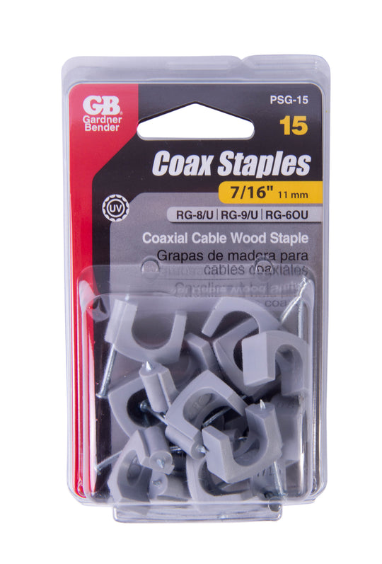 Gardner Bender 7/16 in. (11mm) Polyethylene Coaxial Cable Staple, Secures RG-8, Triaxial, Up to 25 pairs UTP, Gray (15/Pkg), PSG-15