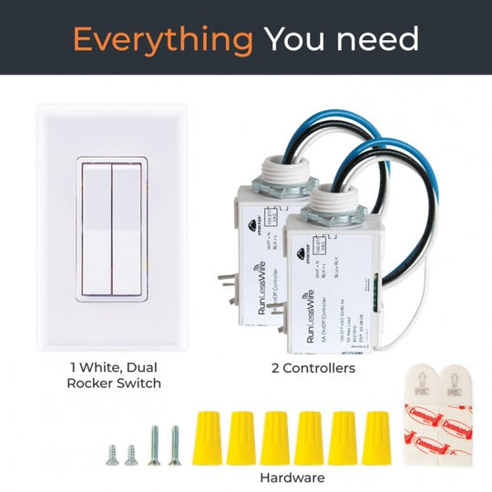 RunLessWire Wireless Fan And Light Switch Kit With 2 Controllers And 1 Dual-Rocker Switch