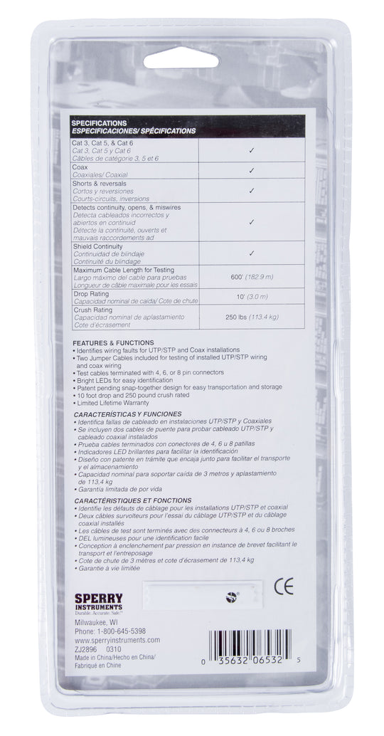 Sperry Instruments Cable Test Plus Network Cable Tester for Coax and Cat3 through Cat6 Ethernet, 1/Ea, TT64202