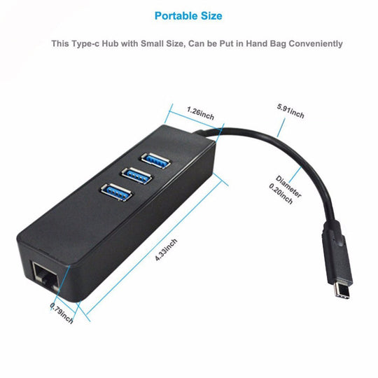 USB Type C 3.1 G1 3-Port HUB with Gigabit Ethernet Adapter