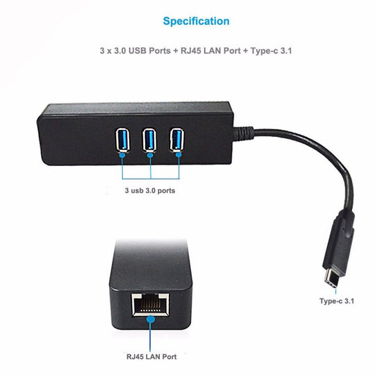 USB Type C 3.1 G1 3-Port HUB with Gigabit Ethernet Adapter