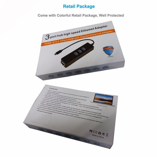 USB Type C 3.1 G1 3-Port HUB with Gigabit Ethernet Adapter