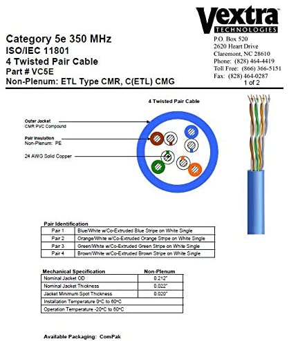 Vextra Cat5e 350MHz CMR UTP Cable, 24AWG, ETL  - 1000ft Easy Pull Box