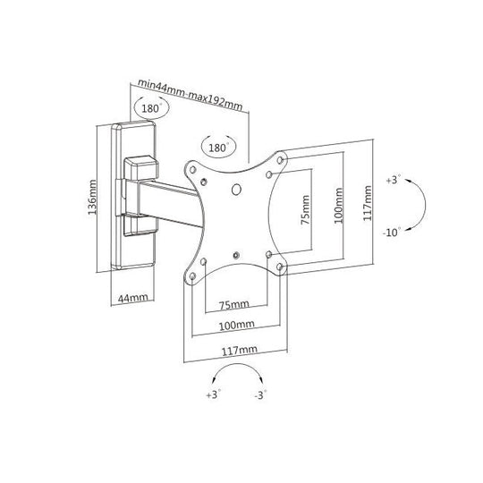 Rhino Brackets Full Motion TV Mount for 13-27" Screens w/ 7.6" Arm, 100x100 VESA