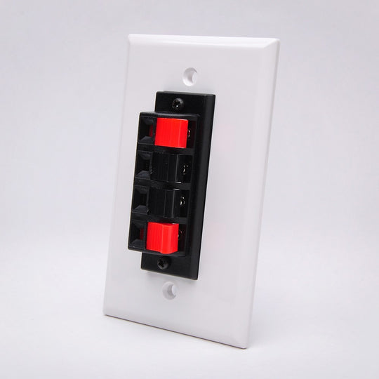 Spring Clip Speaker Wire Wall Plate For Audio w/ 4 Terminals