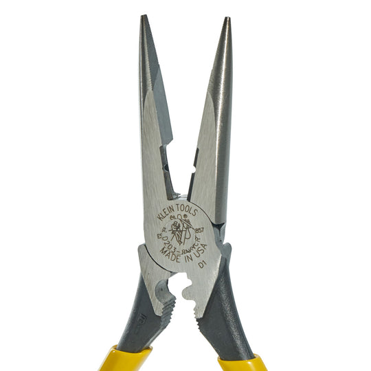 Klein Tools D203-8NCR Pliers, Long Nose Side Cutters, Strip/Crimp 8-Inch