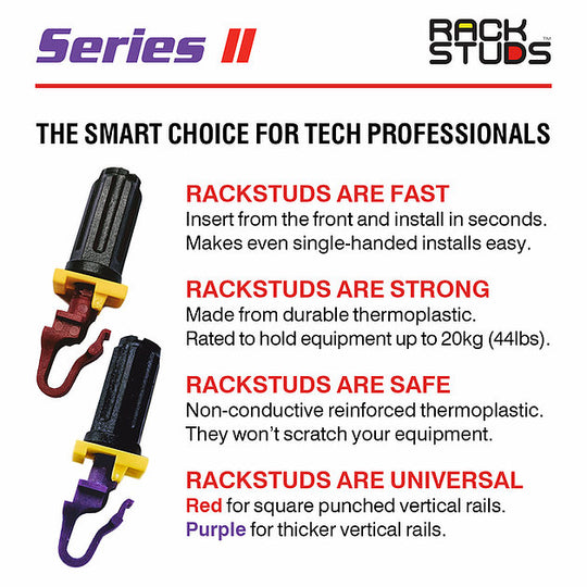 Rackstuds Rack Mount Solution Series II – No More Cage Nuts! The Easiest and Safest Server Rack Solution in 19" Racks with Square Punched Vertical Rails.