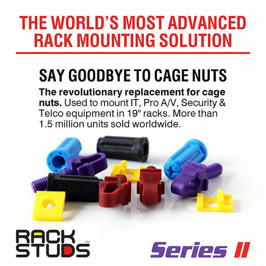 Rackstuds Rack Mount Solution Series II – No More Cage Nuts! The Easiest and Safest Server Rack Solution in 19" Racks with Square Punched Vertical Rails.