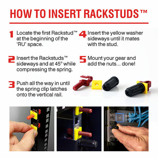 Rackstuds Rack Mount Solution Series II – No More Cage Nuts! The Easiest and Safest Server Rack Solution in 19" Racks with Square Punched Vertical Rails | Red, 2.2mm/0.086" Version