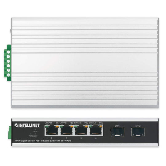 Intellinet Industrial 4-Port Gigabit Ethernet PoE+ Switch with 2 SFP Ports, 508254