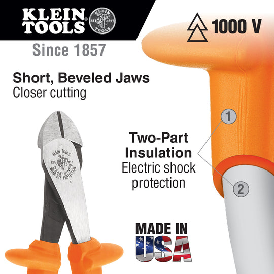 Klein Tools D2000-28-INS Insulated Pliers, Heavy-Duty Diagonal-Cutting, 8-Inch