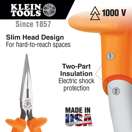 Klein Tools D203-7-INS Pliers, Long Nose Side-Cutters, Insulated, 7-Inch