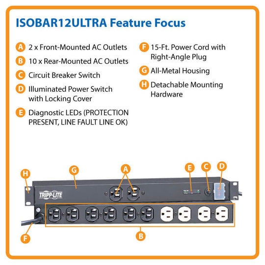 Tripp-Lite ISOBAR12 ULTRA Isobar 12-Outlet Surge Protector, 15 ft Cord