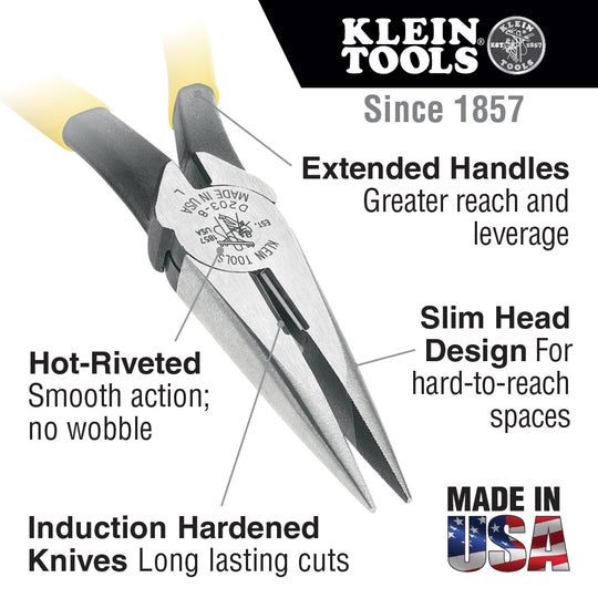 Klein Tools D203-7C Pliers, Long Nose Side-Cutters with Spring, 7-Inch