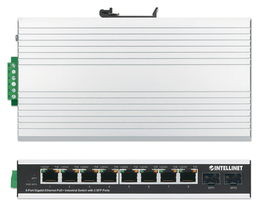 Intellinet Industrial 8-Port Gigabit Ethernet PoE+ Switch with 2 SFP Ports, 508261