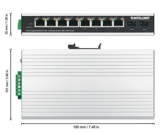 Intellinet Industrial 8-Port Gigabit Ethernet PoE+ Switch with 2 SFP Ports, 508261