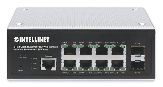 Intellinet Industrial 8-Port Gigabit Ethernet PoE+ Layer 2+ Web-Managed Switch with 2 SFP Ports, 508278