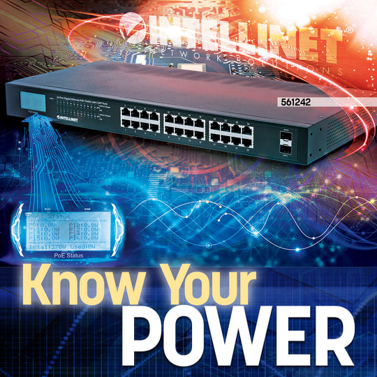 Intellinet 24-Port Gigabit Ethernet PoE+ Switch with 2 SFP Ports and LCD Screen, 561242