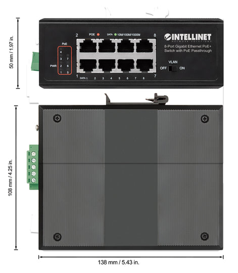 Intellinet PoE-Powered 8-Port Gigabit Ethernet PoE+ Industrial Switch with PoE Passthrough, 561624