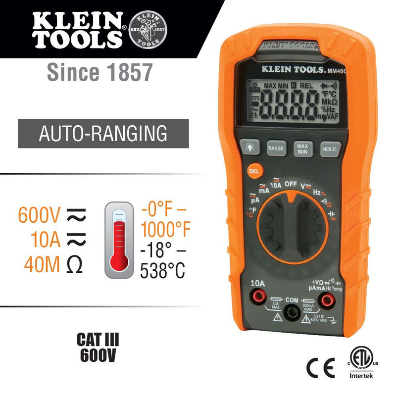 Klein Tools MM400 Digital Multimeter, Auto-Ranging, 600V