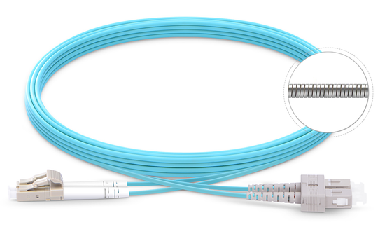 Techlogix Networx Armored fiber patch cord -- (5-50m) duplex multimode OM4 3.0mm fiber (LC/LC, LC/SC, SC/SC)