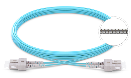 Techlogix Networx Armored fiber patch cord -- (5-50m) duplex multimode OM4 3.0mm fiber (LC/LC, LC/SC, SC/SC)