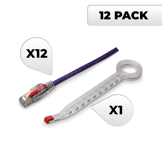 NTW Lockable Cat6 Patented Net-Lock Patch Cord, Snagless, 12 Pack - Purple