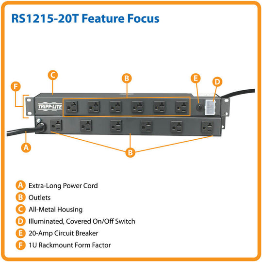 Tripp-Lite RS-1215-20T 1U Rack-Mount Power Strip, 12 Outlets
