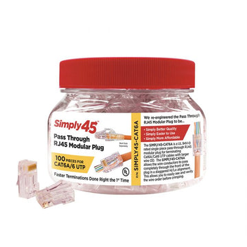 SCP Simply45 Rj45 Pass Through Mod Plugs For 23AWG (Large Od 1.15Mm) Cat6A & Cat6 Utp Cables, Staggered Hi/Lo Wire Alignment, Ul94 V0 Cmp/Cmr/Cm/Lszh-B2Ca To Eca - 100 Pieces