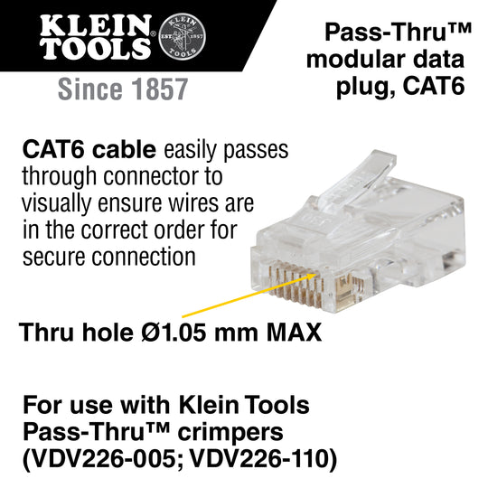 Klein Tools Pass-Thru™ Modular Data Plug, RJ45-CAT6, 50-Pack