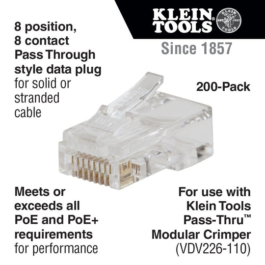 Klein Tools VDV826763 Cat6 Pass-Thru Modular RJ45 Connector - 200 Pack