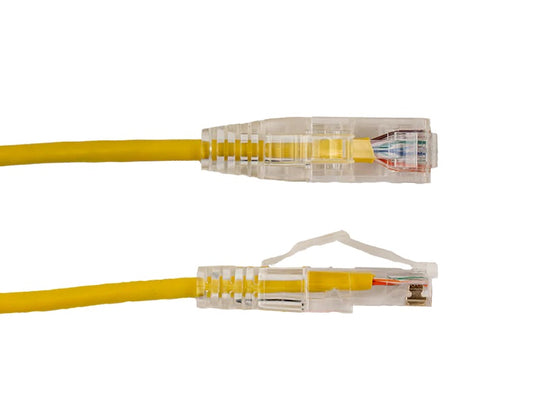 Vertical Cable Cat6A Slim Ethernet Patch Cable - Snagless RJ45 Clear Boot, UTP, Bare Copper, 28 AWG - Yellow